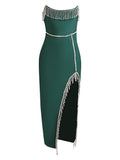 Green Strapless Tassels Tight Midi Dress
