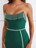 Green Strapless Tassels Tight Midi Dress