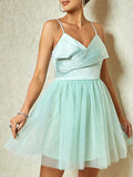 Green V Neck Sweet Tulle Short Cocktail Dress