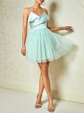 Green V Neck Sweet Tulle Short Cocktail Dress