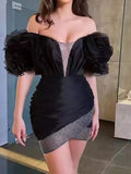 Black Off The Shoulder Short Cocktail Dress With Puffy Sleeves