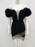 Black Off The Shoulder Short Cocktail Dress With Puffy Sleeves