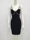Black V Neck Pearl Backless Short Cocktail Party Dress