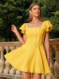 Yellow Square Neck Backless Short Cocktail Party Dress