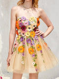 Strapless Champagne A Line Homecoming Dress With 3D Flowers