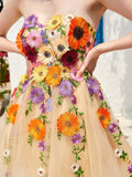 Strapless Champagne A Line Homecoming Dress With 3D Flowers