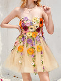 Strapless Champagne A Line Homecoming Dress With 3D Flowers