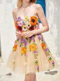 Strapless Champagne A Line Homecoming Dress With 3D Flowers
