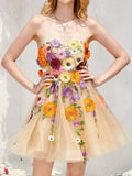 Strapless Champagne A Line Homecoming Dress With 3D Flowers