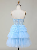A-Line Sky Blue Off The Shoulder Lace Homecoming Dress