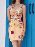 Deep V-Neck Champagne Short Homecoming Dress with 3D Flowers