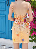 Deep V-Neck Champagne Short Homecoming Dress with 3D Flowers