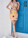 Deep V-Neck Champagne Short Homecoming Dress with 3D Flowers
