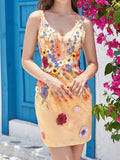 Deep V-Neck Champagne Short Homecoming Dress with 3D Flowers