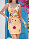 Deep V-Neck Champagne Short Homecoming Dress with 3D Flowers
