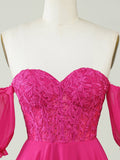 Off The Shoulder Fuchsia A-Line Lace Short Homecoming Dress