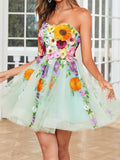 Strapless Champagne A Line Homecoming Dress With 3D Flowers