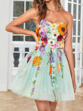Strapless Champagne A Line Homecoming Dress With 3D Flowers