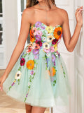 Strapless Champagne A Line Homecoming Dress With 3D Flowers