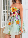 Strapless Champagne A Line Homecoming Dress With 3D Flowers