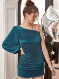 Peacock Blue One Shoulder Mermaid Velvet Short Graduation Homecoming Party Dress