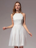 White Halter Lace A Line Short Graduation Party Dress