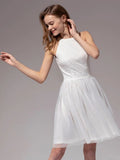 White Halter Lace A Line Short Graduation Party Dress