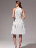 White Halter Lace A Line Short Graduation Party Dress