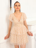Champagne A Line V Neck Short Graduation Homecoming Party Dress
