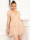 Champagne A Line V Neck Short Graduation Homecoming Party Dress