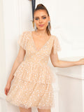 Champagne A Line V Neck Short Graduation Homecoming Party Dress