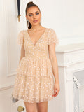 Champagne A Line V Neck Short Graduation Homecoming Party Dress