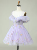 A-Line Off The Shoulder Lilac V Neck Floral Short Homecoming Dress