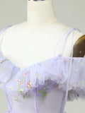 A-Line Off The Shoulder Lilac V Neck Floral Short Homecoming Dress