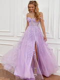 A Line Lilac Straps Lace Long Prom Dress