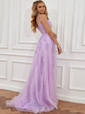 A Line Lilac Straps Lace Long Prom Dress