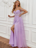 A Line Lilac Straps Lace Long Prom Dress