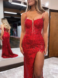 Red Appliques Spaghetti Straps Long Prom Dress with Slit