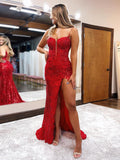 Red Appliques Spaghetti Straps Long Prom Dress with Slit