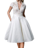 White V Neck Lace Panel Sexy Midi Graduation Dress