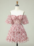 A-Line Pink V Neck Ruffles Floral Homecoming Short Dress