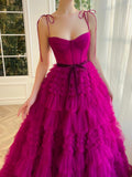 Strapless A Line Fuchsia Tiered Long Prom Dress