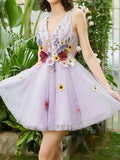 A-Line Lilac V Neck Backless Short Homecoming Dress with 3D Flowers