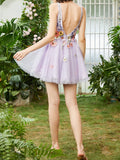 A-Line Lilac V Neck Backless Short Homecoming Dress with 3D Flowers