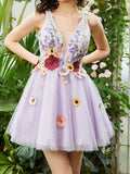 A-Line Lilac V Neck Backless Short Homecoming Dress with 3D Flowers