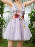 A-Line Lilac V Neck Backless Short Homecoming Dress with 3D Flowers