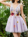 A-Line Lilac V Neck Backless Short Homecoming Dress with 3D Flowers