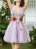 A-Line Lilac V Neck Backless Short Homecoming Dress with 3D Flowers