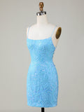 Spaghetti Straps Blue Sequins Homecoming Short Dress