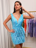 Sparkly Blue V-Neck Tight Short Homecoming Dress with Feathers